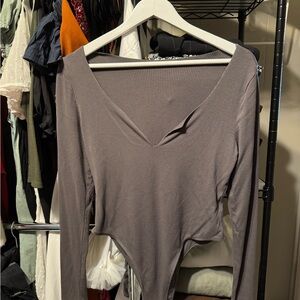Ribbed deep plunge gray bodysuit